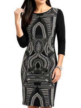 SMALL black & white SCAPA dress w/ geometric pattern, 3/4 sleeve. Casual Dressy